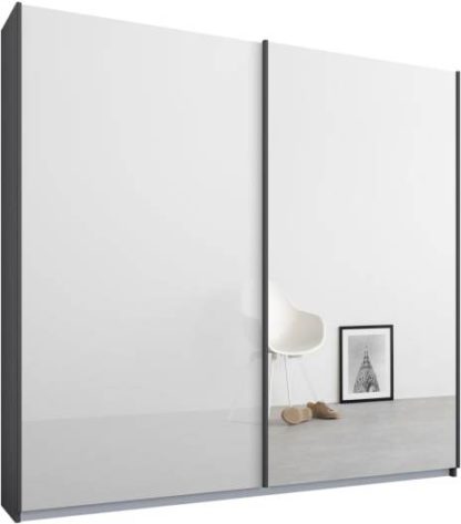 1cc1a0b57786bc366a8175447d81b971b5bf5a55e5346f46df029135b8fabd5e-2.jpg An Image of Malix 2 door 181cm Sliding Wardrobe, Graphite Grey frame,White Glass & Mirror doors , Premium Interior
