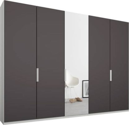 3ac95ab26fb72fd2b09db72ff37c9c9759da054944e7bb8864e76c8a108070de-1.jpg An Image of Caren 5 door 250cm Hinged Wardrobe, White Frame, Matt Graphite Grey & Mirror Doors, Classic Interior