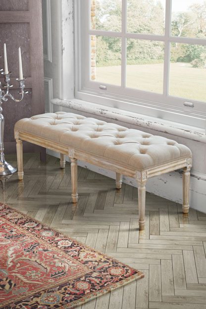 4bb49e15e64bf3d42b978a26fa7ab6c215cae67046756c44989b2d06004bf397.jpg An Image of French Louis Style shabby chic hand carved Long Bench