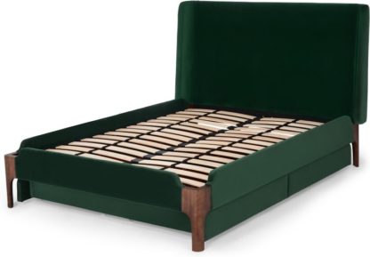 ce3d24b9bfa9f7845a828df53d5e78ed9a1fd4571beaa3ccc47579807dcbdb7e.jpg An Image of Roscoe King Size Storage Bed with Storage Drawers, Pine Green Velvet & Dark Stain Oak legs