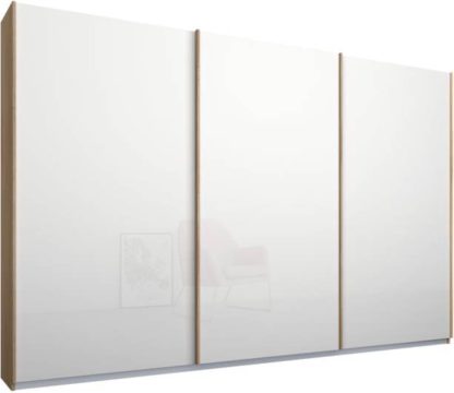 An Image of Malix 3 door 270cm Sliding Wardrobe, Oak frame,White Glass doors, Standard Interior