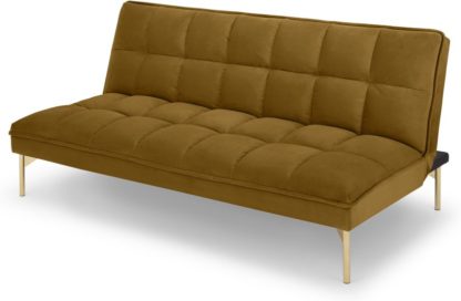 f942890b4e83e890d9ac3f68f78a7926743fb42b79a06b4bef22a7b277adae34.jpg An Image of Hallie Click Clack Sofa Bed, Saffron Yellow Velvet with Brass Legs