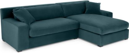 6f2a9cb10fc027157f9b409c90c28d0150fcf26b18a560e00e38fa03baa3456c.jpg An Image of Delaney Right Hand Facing Chaise End Corner Sofa, Lagoon Blue Velvet