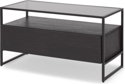 d1a6fa207e5fc25bca62f0f54649d5fb7b0e527bd90076f4180c9c2b37a601f5.jpg An Image of Kilby Compact TV Stand, Black Stained Mango Wood and Smoked Glass