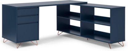 1c916289140ec3a975d6801039c50ba53c98b4b3eb3f79b1d82f7b0923ec1164.jpg An Image of Elona Corner Desk with Open Sideboard, Dark Blue & Copper