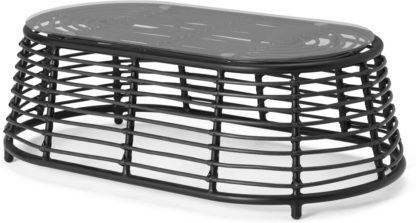 306292f5a84856a7c2007f6713c56e886a21439461a81d2a925636e502a0e68c.jpg An Image of Swara Garden Coffee Table, Black Polyrattan and Glass