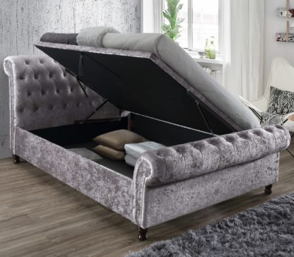 5c74206b7163900d043313256cef307b21bdd7a38cccb44b39b3b75c1cc31b13.jpg An Image of Castello Steel Fabric Ottoman Scroll Sleigh Bed - 4ft6 Double