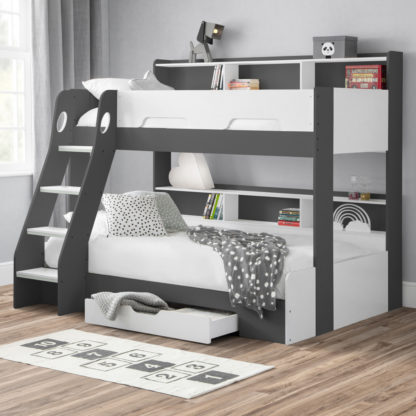 6e47bd5d9e391dcb1b2eff0fef4fe8014827b6f530c2f3f8128470120c3399ba.jpg An Image of Orion Grey and White Wooden Storage Triple Sleeper Bunk Bed Frame - 3ft Single Top and 4ft Small Double Bottom