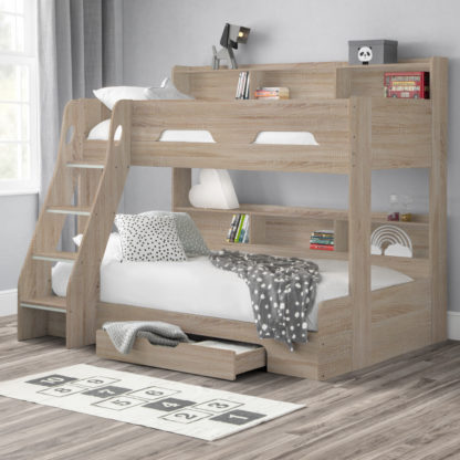 b894797c4f938023b1f0098651d30854a1dc6c688b22cc1a04dd5f7e8b7dd6e0.jpg An Image of Orion Oak Wooden Storage Triple Sleeper Bunk Bed Frame - 3ft Single Top and 4ft Small Double Bottom