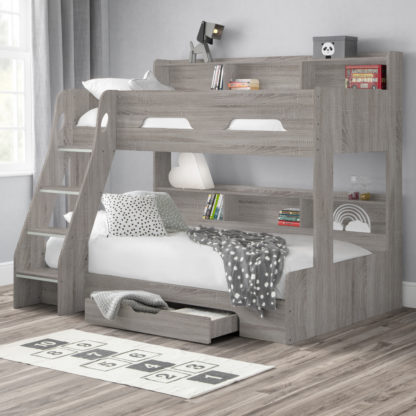d2635409e47b2346a1e943e4871a824b0506bd571227a09d3e6b0c6ffdad600d.jpg An Image of Orion Grey Oak Wooden Storage Triple Sleeper Bunk Bed Frame - 3ft Single Top and 4ft Small Double Bottom