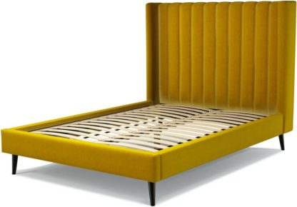 46605921083b7c70b063269cc630daf31259eeecf0bf8ebc97f5b023014530f8.jpg An Image of Custom MADE Cory Double size Bed, Saffron Yellow Velvet with Black Stained Oak Legs