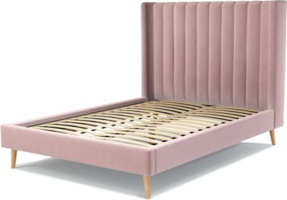66936a2272713869106acacd1114e76adf1117dd3c61aa1ba202d3c3e1bbc990.jpg An Image of Custom MADE Cory Double size Bed, Heather Pink Velvet with Oak Legs