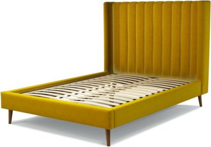 9199a9c73bee42263c2e6006d3d18bec0779b7ce8d852926f90c6d6f9120c78b.jpg An Image of Custom MADE Cory Double size Bed, Saffron Yellow Velvet with Walnut Stained Oak Legs