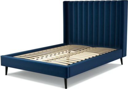db1250caee1d9bc2cc44c02db7aee472edece18b9a40558f611ed3ceeaa85f56.jpg An Image of Custom MADE Cory Double size Bed, Regal Blue Velvet with Black Stained Oak Legs