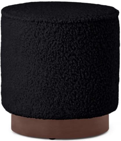 e4b378e9d9955200ee66e6ccfb35dcc227dc444054a8b8c14b008a7f8dc4b12c.jpg An Image of Hetherington Pouffe, Small, Black Faux Sheepskin & Dark Stain Wood