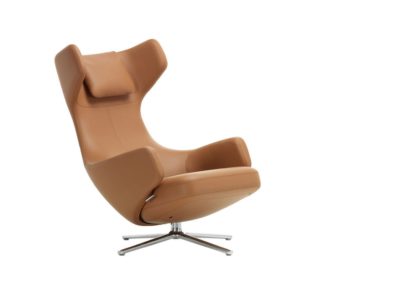 5925c230a9e20dde7f538dc122c7416008fab46cf2b09e7cc259c026d456c458.jpg An Image of Vitra Grand Repos Chair Premium Leather Ochre Polished Base Glides for