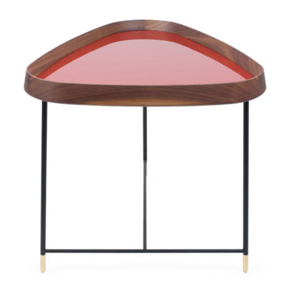 cf72b12627e5e1bcf84d8d2815be390e2f8e1e603cf5877b9c496002b7376f57.jpg An Image of Porada Fritz 3 Triangular Side Table Walnut Granata Red Gloss Lacquer