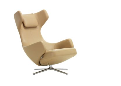 d9b8d4cafaa5d7e09463bf46a77d7a80719195fd12a3054572b9794248bf5bdd.jpg An Image of Vitra Grand Repos Chair Premium Leather Ochre Polished Base Glides for