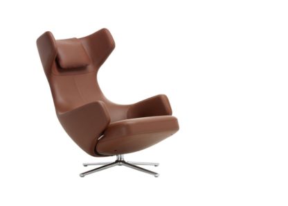 fff59f7719317a40ba42d101c5319c9e64bf84aa69f002158c282de3fcefd872.jpg An Image of Vitra Grand Repos Chair Premium Leather Ochre Polished Base Glides for
