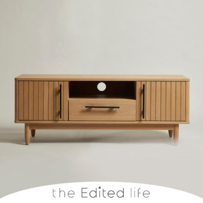 24e31aa1fb1c62751d76d7927fae6795c38d479519aa59f23aa760e4359c93b0.jpg An Image of Akina Oak Wide TV Stand Light Oak