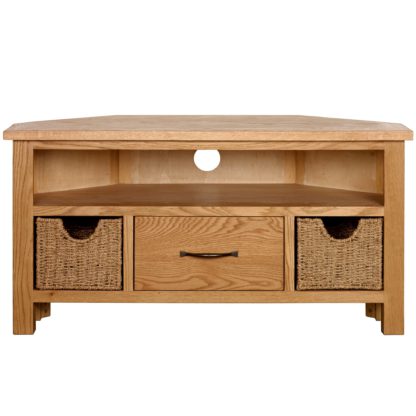 31ad1ab1525ae514a7167c8bf93d5fcaeb84b90d563c975ed620add330468f31.jpg An Image of Sidmouth Oak Corner TV Stand Light Brown / Natural