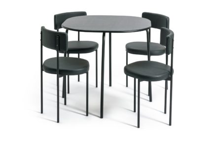 4f29dd7d886bcf4295328f66dee201e4da027ca2685efacfc8395277f002a45d.jpg An Image of Habitat Jayla Wood Effect Dining Table & 4 Black Chairs