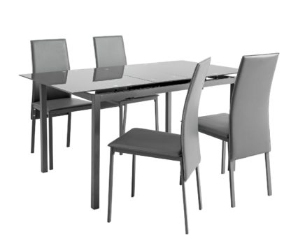 58e0b7b76a33b96310dd03498ca72fe9f14a06d88ac33f3b5c04372b197cd9d9.jpg An Image of Argos Home Lido Glass Extending Dining Table & 4 Grey Chairs