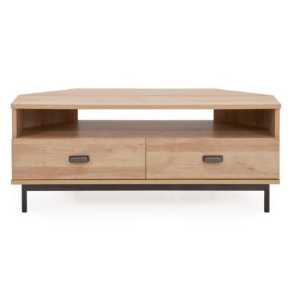 5d63db62360d290080866e9146dd1055df6243853ffa9a8bd31bc5109a94a9d8.jpg An Image of Fulton Oak Effect Corner TV Stand Light Oak