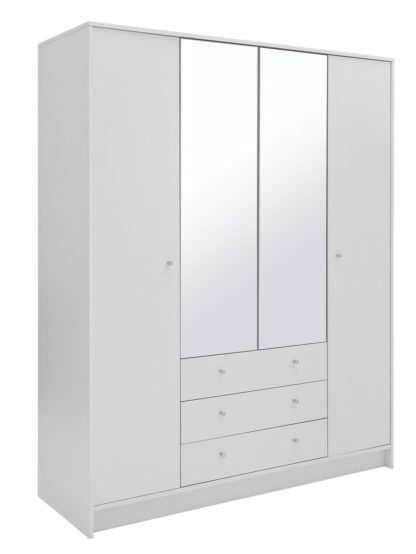 69118fdec5d193e46a4ac536865df2e6d3d6c09f79ec0b6cc4edaab35f7f0b77.jpg An Image of Habitat Malibu 4 Door 3 Drawer Mirror Wardrobe - White