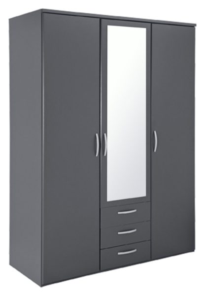 69cc545e2d78fd0c1f00d222c71293d500025148e3464cf5f3555cdd531d2739.jpg An Image of Argos Home Hallingford Grey 3 Door 3Drawer Mirrored Wardrobe