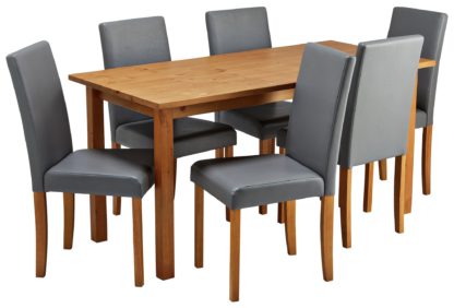 73e759333183f1c24eca3ea0b31ff703b91e17e2031c5f2794d35632f6e24b11.jpg An Image of Habitat Ashdon Solid Wood Dining Table & 6 Grey Chairs