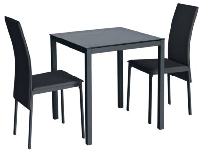 ae7645e22a98401c7c333baecd6c51653fc482cea70a4805c25f1e43e0083904.jpg An Image of Argos Home Lido Glass Dining Table & 2 Black Chairs