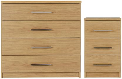 2e0f5a2741b186daa674dbc5e4cc3d12446feff624746bd5257697d5f49aaa5b.jpg An Image of Argos Home Normandy Bedside & 4 Drawer Chest Set -Oak Effect