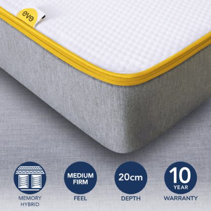 5fce3b469f42a47bfb14f6e23e8d9205f0408c1f277b49c42c2e25c2c2dc40c5.jpg An Image of Eve Medium Firm Hybrid Mattress Grey, White and Yellow