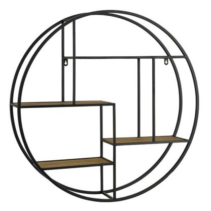 ba64710abe6788225255f2d4f8cd2600ba59382d45b43d64d9aef2cae8d7aed9.jpg An Image of Round Industrial Wall Shelf Wood and Metal