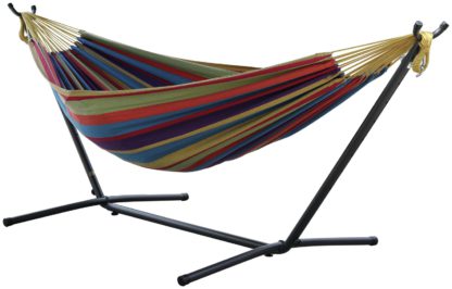 d1cac7a5b102fa162ea77e208bb803c96f9c11b1d4ef20128332e399199457e5.jpg An Image of Vivere Double Cotton Hammock with Stand - Tropical