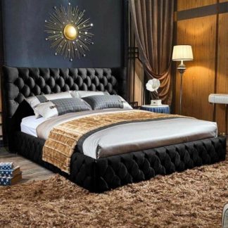An Image of Radium Plush Velvet Upholstered Double Bed In Black