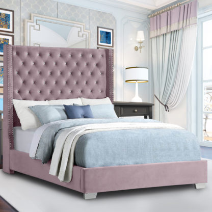 An Image of Newkirk Plush Velvet Upholstered Single Bed In Pink