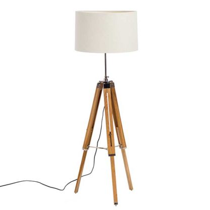 5bc08958c276b16f15ddead3a84ad259053e74777927b76f13b160d9edc70f89.jpg An Image of Atlas Adjustable Tripod Floor Lamp - Teak Wood & Vanilla Shade - Diameter: 76cm x H170cm