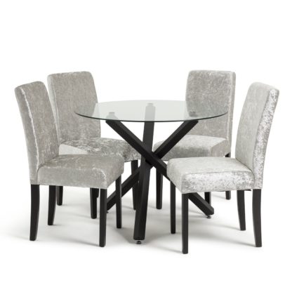 90ce186610006756a044c915a3c21f57a609db2d025e2ef17edd0c06dcb752f5.jpg An Image of Habitat Ava Glass Dining Table & 4 Velvet Chairs - Silver
