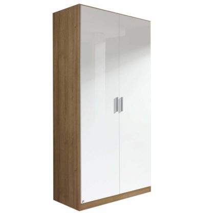 01f35cf9e0ed75bd7f0744551d4547f6e51fee69a176676297c804f863f9f88f.jpg An Image of Celle 2 Door Hinged Wardrobe, High Polish White and San Remo Oak