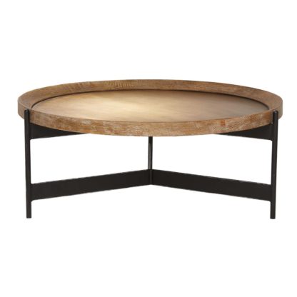 1ae9181caf04a9a45174aea3aba56c5a3419e5687810dfef69831efa3e52fba7.jpg An Image of Zeke Round Coffee Table, Light Brass and Oak