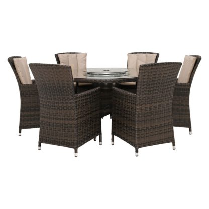 41def016a20f659c4d516d5ba709cd164d582e3df03b7fa1d9ef20cba93cb4ad.jpg An Image of Canoga Park 6 Seat Round Garden Dining Set in Brown Weave and Beige Fabric