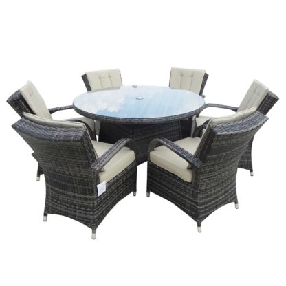 a6c65a404a4418c99125cdad1e3a5a74a48088aab3ac49787ecd9469d263b151.jpg An Image of Grasmere 6 Seat Round Garden Set in Brown Weave and Beige Fabric