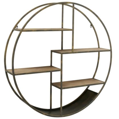 b0a6c8eebd3293a63933bd5a136a393f1350e477f9cd887ee2ab3256ab10190d.jpg An Image of Round Wall Shelf, Antique Brass and Wood