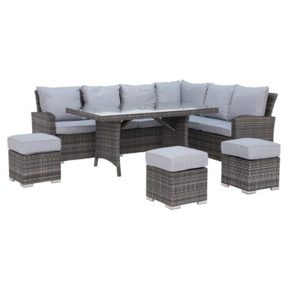 c5962bd52a9f7cd684f33bb631ca38d1bead6f80b07682fdaf8c5dd48ebdcd44.jpg An Image of Beadnell Corner Garden Dining Set With Grey Weave and Grey Fabric