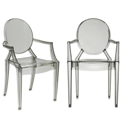 e393aa018c73a389d09994a75fac72d997ffc384972a7e66b4355065bca88e40.jpg An Image of Pair of Kartell Louis Ghost Stackable Armchair, Smoke Grey