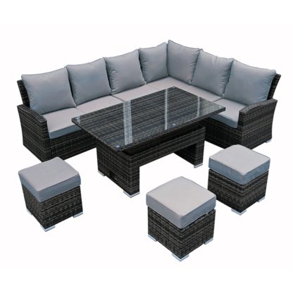 728c280233dcc4fe5e87438d87b569722975ce3afe7f0fd216c5e52ed00b1883.jpg An Image of Amble Corner Garden Dining Set with Rising Table in Brown Weave and Beige Fabric