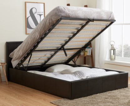 bb97973f2e7d8b07c700fe9f31bd8c5b3632fa33856409137ecee26a1fc82b59.jpg An Image of Berlin Brown Leather Ottoman Storage Bed Frame - 5ft King Size