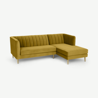 061a319c7f86152b6edd0ae4ef09ab0680478023c24a86be57ab5c049b59ba98-1.png An Image of Amicie Right Hand Facing Chaise End Corner Sofa, Vintage Gold Velvet